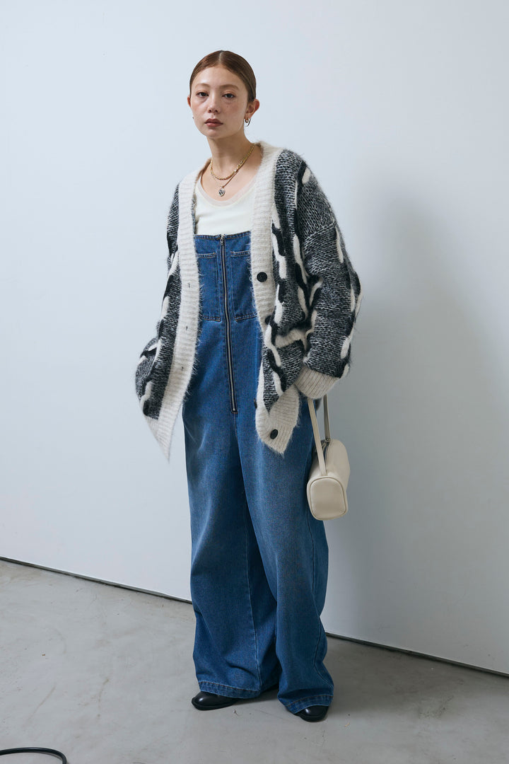 [予約/SET]ロープ柄ボリュームニットカーディガン+フロントジップストラップデザインデニムサロペット(2set)