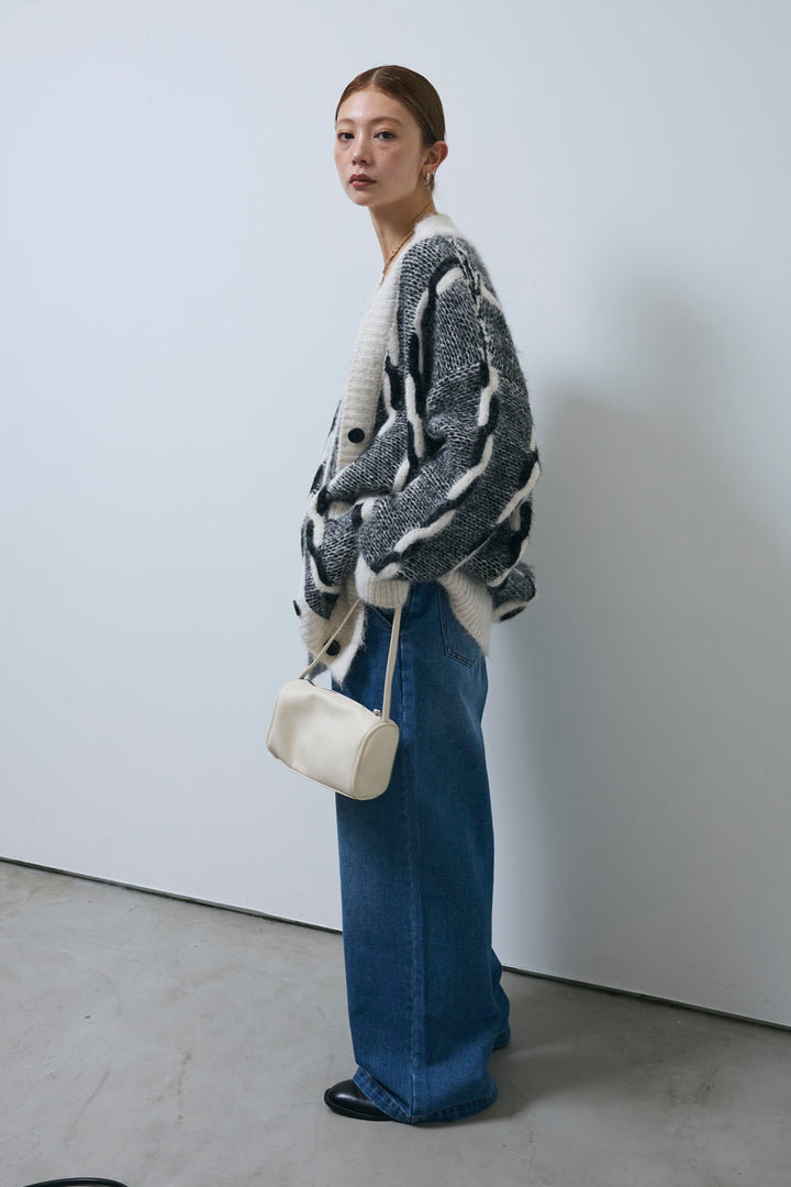 [予約/SET]ロープ柄ボリュームニットカーディガン+フロントジップストラップデザインデニムサロペット(2set)
