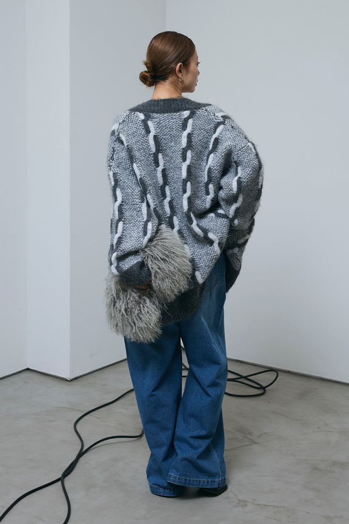 [予約/SET]ロープ柄ボリュームニットカーディガン+フロントジップストラップデザインデニムサロペット(2set)