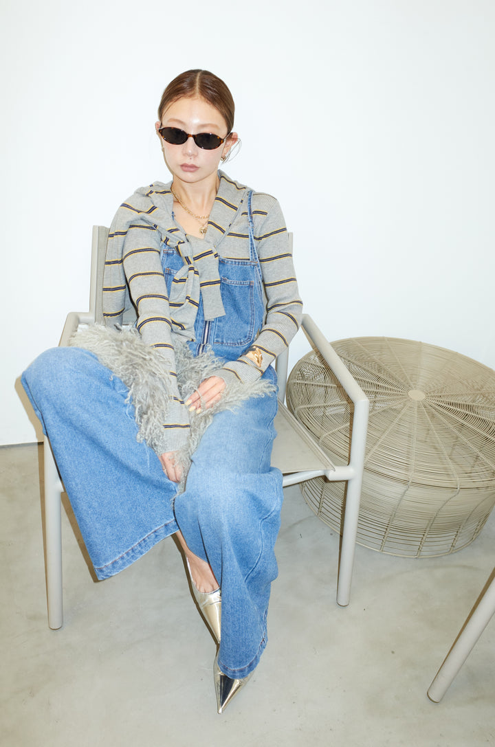 [予約/SET]ボーダーバックオープン2wayPO+ボーダーカーディガン+フロントジップストラップデザインデニムサロペット(3set)