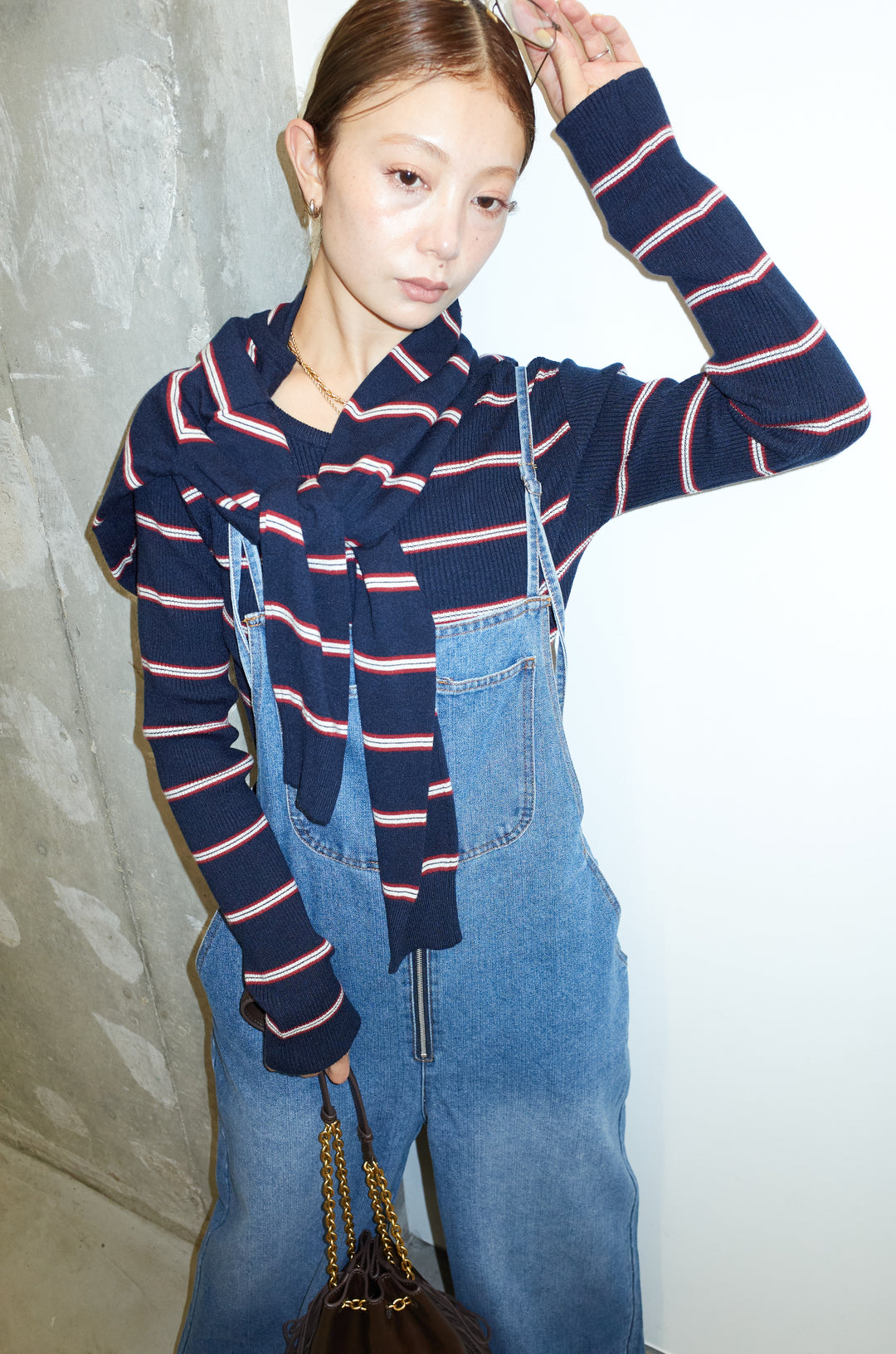 [予約/SET]ボーダーバックオープン2wayPO+ボーダーカーディガン+フロントジップストラップデザインデニムサロペット(3set)