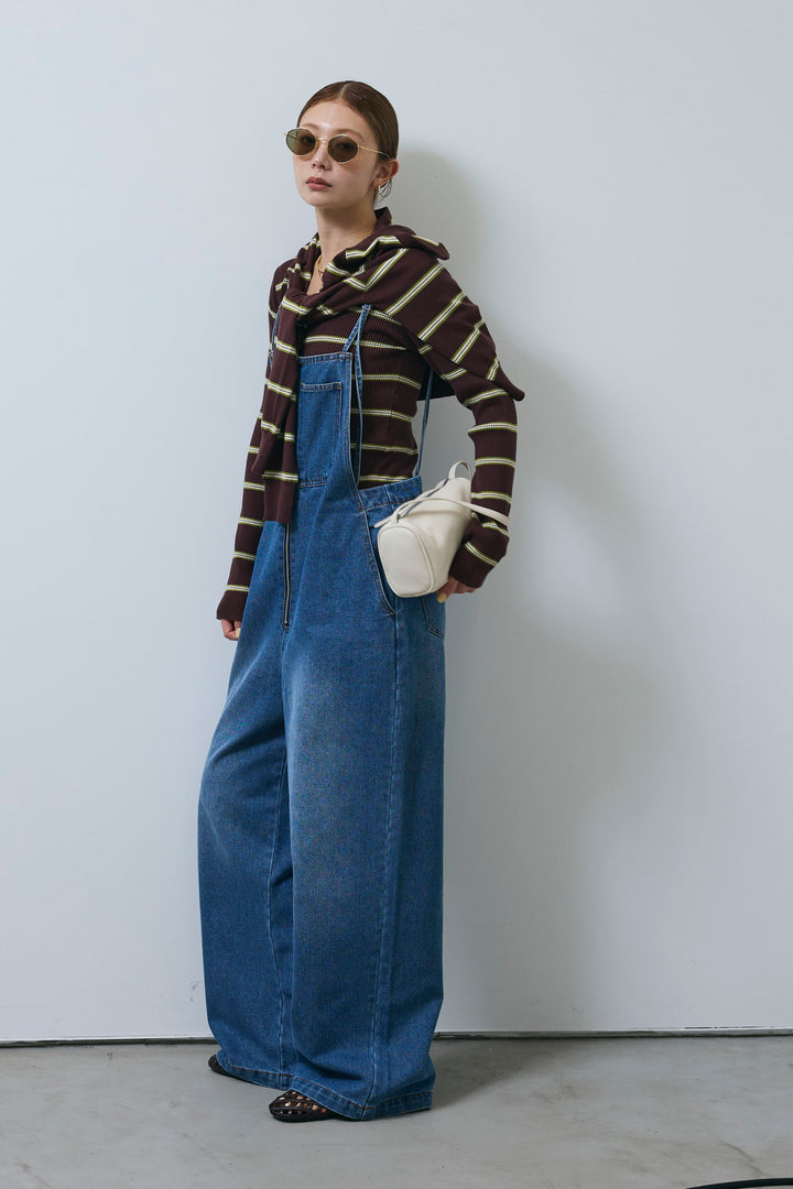 [予約/SET]ボーダーバックオープン2wayPO+ボーダーカーディガン+フロントジップストラップデザインデニムサロペット(3set)