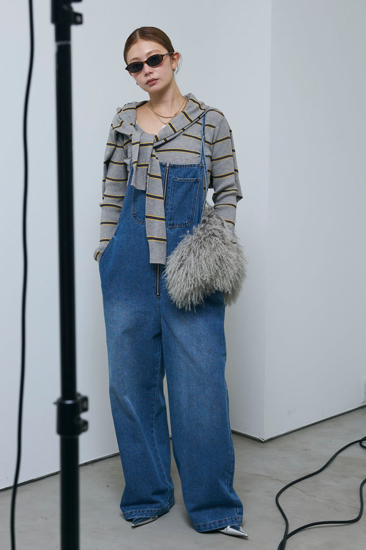 [予約/SET]ボーダーバックオープン2wayPO+ボーダーカーディガン+フロントジップストラップデザインデニムサロペット(3set)