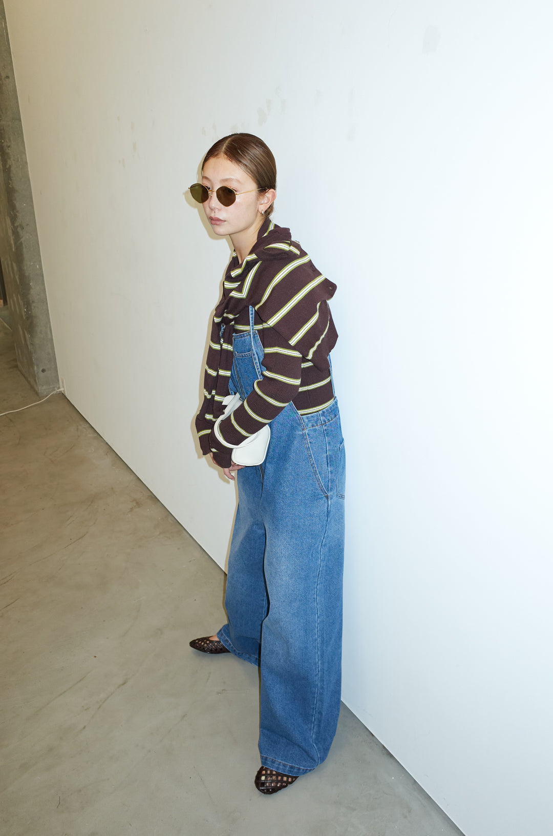 [予約/SET]ボーダーバックオープン2wayPO+ボーダーカーディガン+フロントジップストラップデザインデニムサロペット(3set)