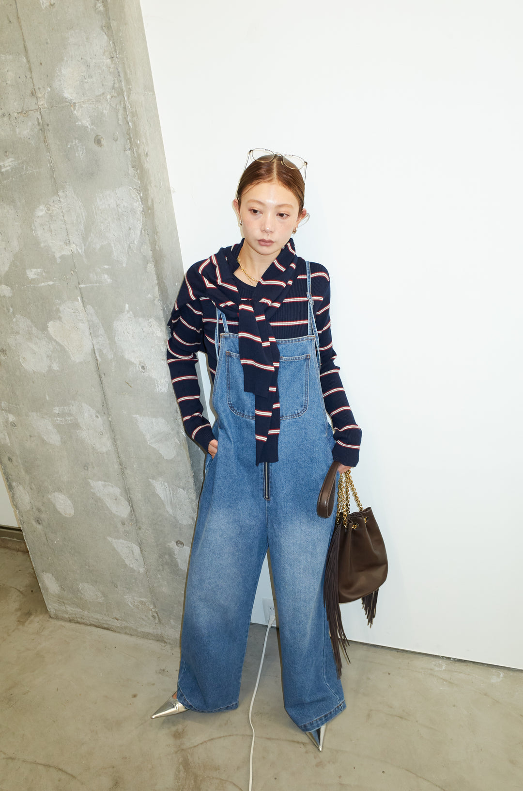 [予約/SET]ボーダーバックオープン2wayPO+ボーダーカーディガン+フロントジップストラップデザインデニムサロペット(3set)