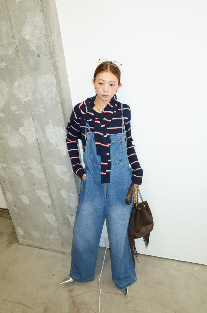 [予約/SET]ボーダーバックオープン2wayPO+ボーダーカーディガン+フロントジップストラップデザインデニムサロペット(3set)