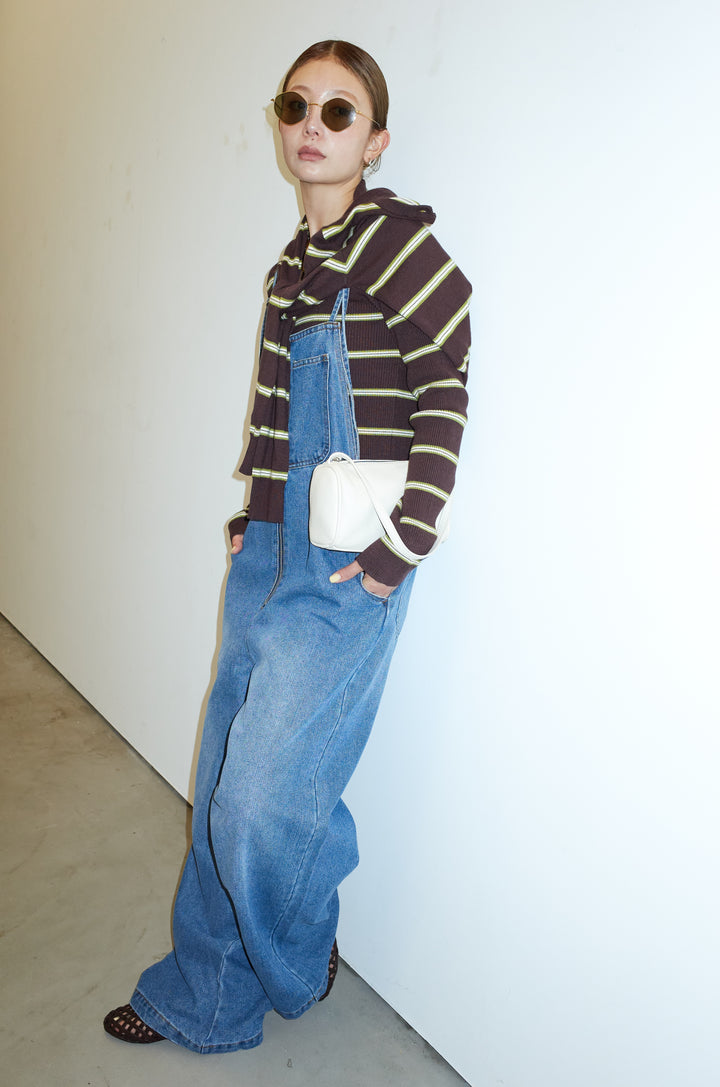 [予約/SET]ボーダーバックオープン2wayPO+ボーダーカーディガン+フロントジップストラップデザインデニムサロペット(3set)