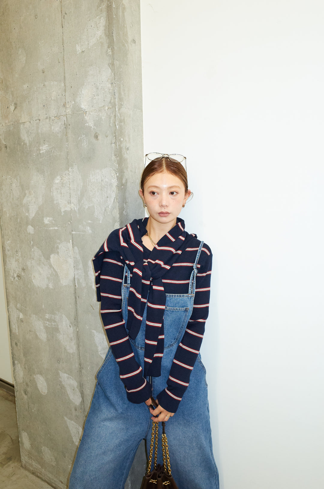 [予約/SET]ボーダーバックオープン2wayPO+ボーダーカーディガン+フロントジップストラップデザインデニムサロペット(3set)