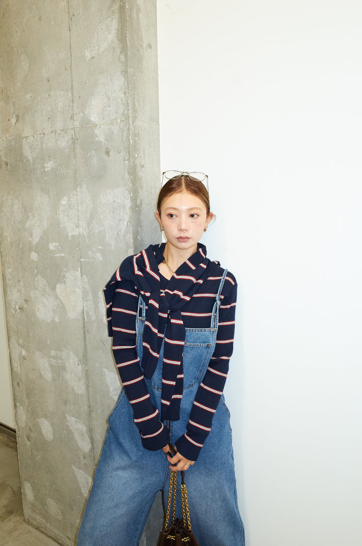 [予約/SET]ボーダーバックオープン2wayPO+ボーダーカーディガン+フロントジップストラップデザインデニムサロペット(3set)