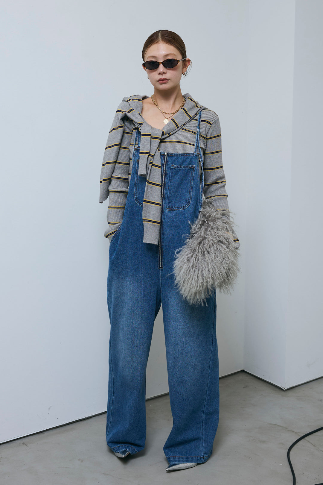 [予約/SET]ボーダーバックオープン2wayPO+ボーダーカーディガン+フロントジップストラップデザインデニムサロペット(3set)