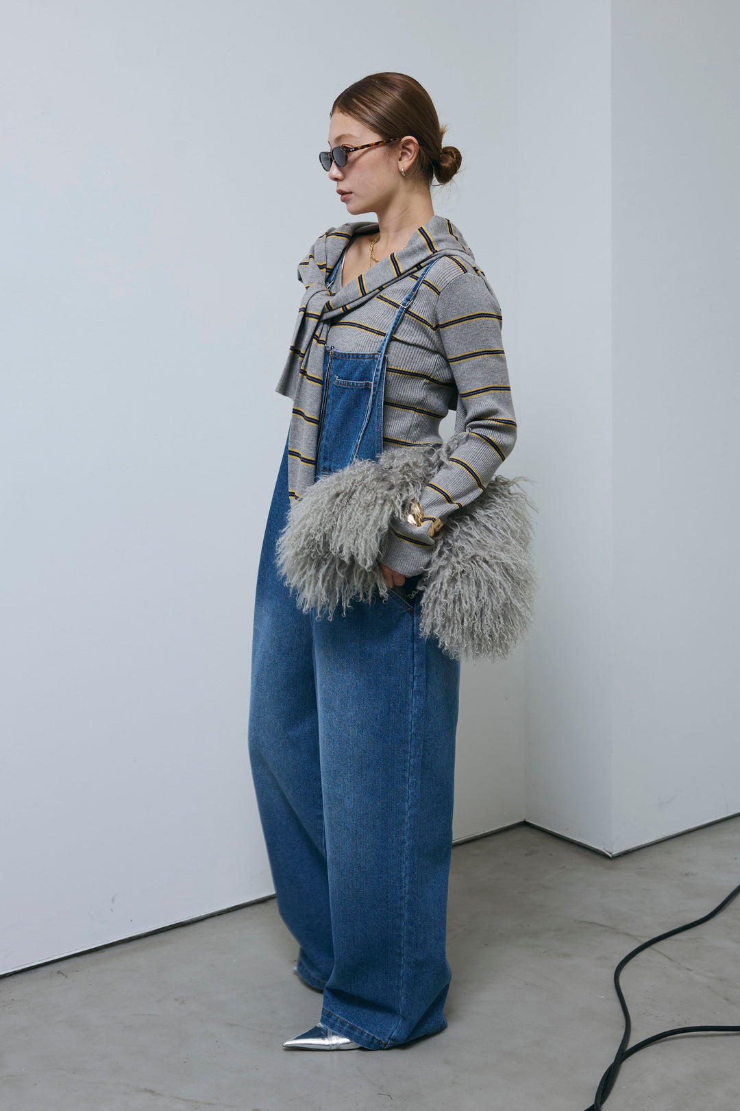 [予約/SET]ボーダーバックオープン2wayPO+ボーダーカーディガン+フロントジップストラップデザインデニムサロペット(3set)