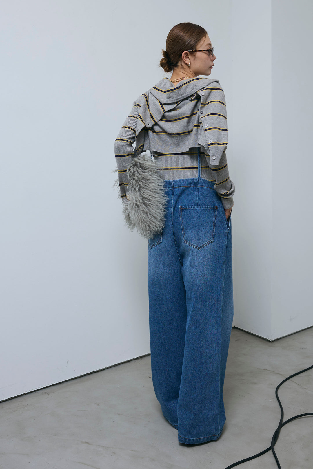 [予約/SET]ボーダーバックオープン2wayPO+ボーダーカーディガン+フロントジップストラップデザインデニムサロペット(3set)