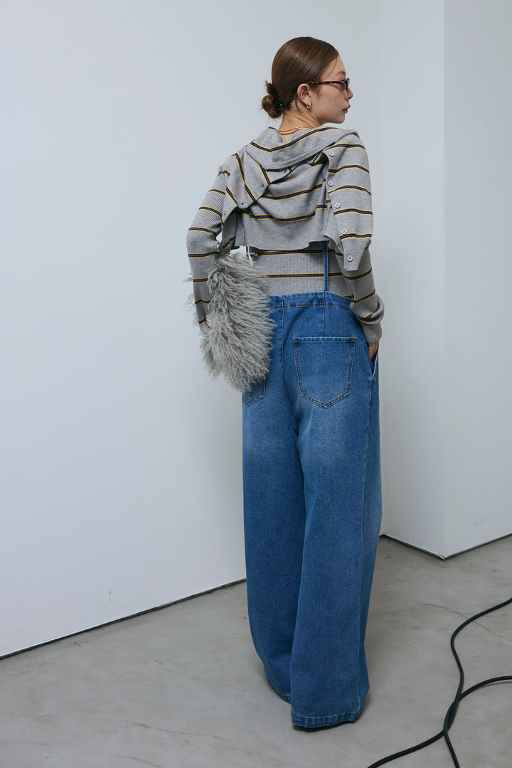 [予約/SET]ボーダーバックオープン2wayPO+ボーダーカーディガン+フロントジップストラップデザインデニムサロペット(3set)