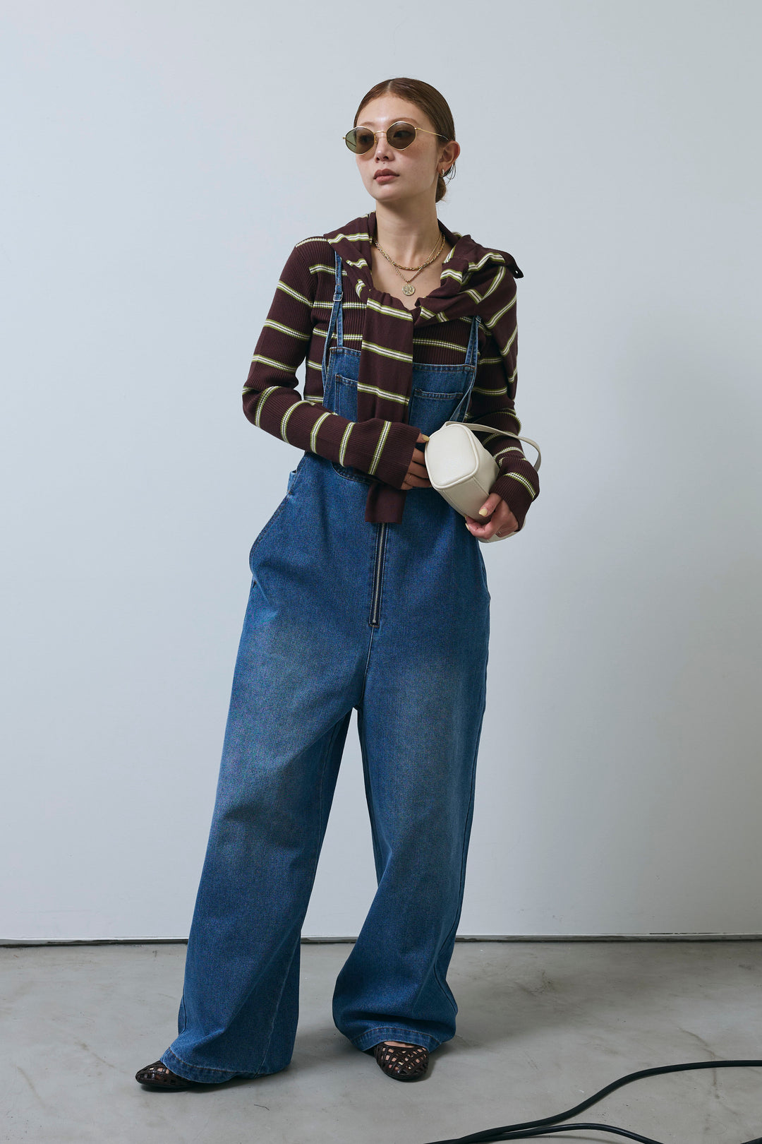 [予約/SET]ボーダーバックオープン2wayPO+ボーダーカーディガン+フロントジップストラップデザインデニムサロペット(3set)