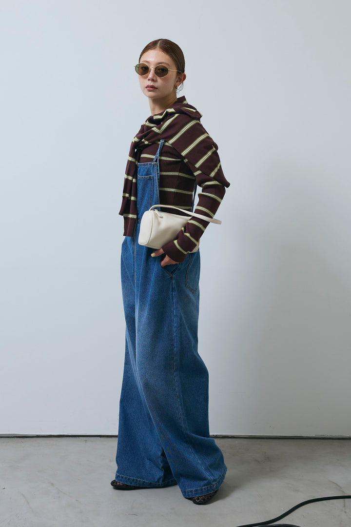 [予約/SET]ボーダーバックオープン2wayPO+ボーダーカーディガン+フロントジップストラップデザインデニムサロペット(3set)