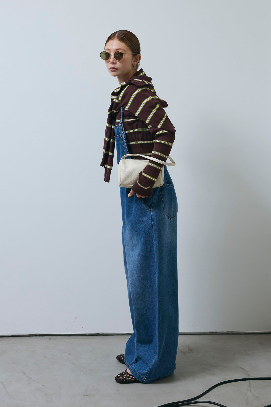 [予約/SET]ボーダーバックオープン2wayPO+ボーダーカーディガン+フロントジップストラップデザインデニムサロペット(3set)