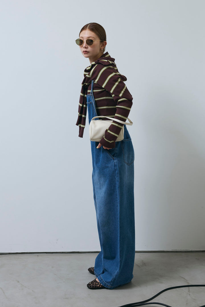 [予約/SET]ボーダーバックオープン2wayPO+ボーダーカーディガン+フロントジップストラップデザインデニムサロペット(3set)