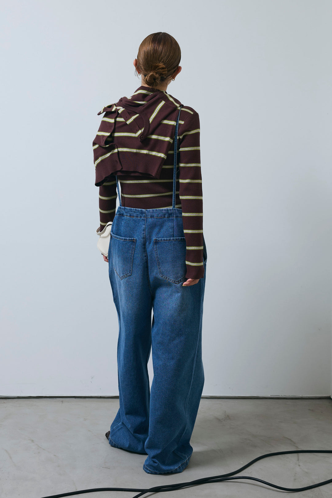 [予約/SET]ボーダーバックオープン2wayPO+ボーダーカーディガン+フロントジップストラップデザインデニムサロペット(3set)