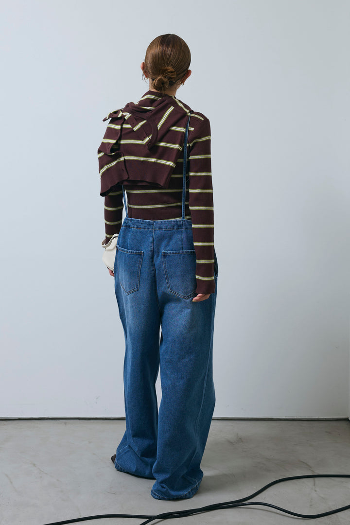 [予約/SET]ボーダーバックオープン2wayPO+ボーダーカーディガン+フロントジップストラップデザインデニムサロペット(3set)