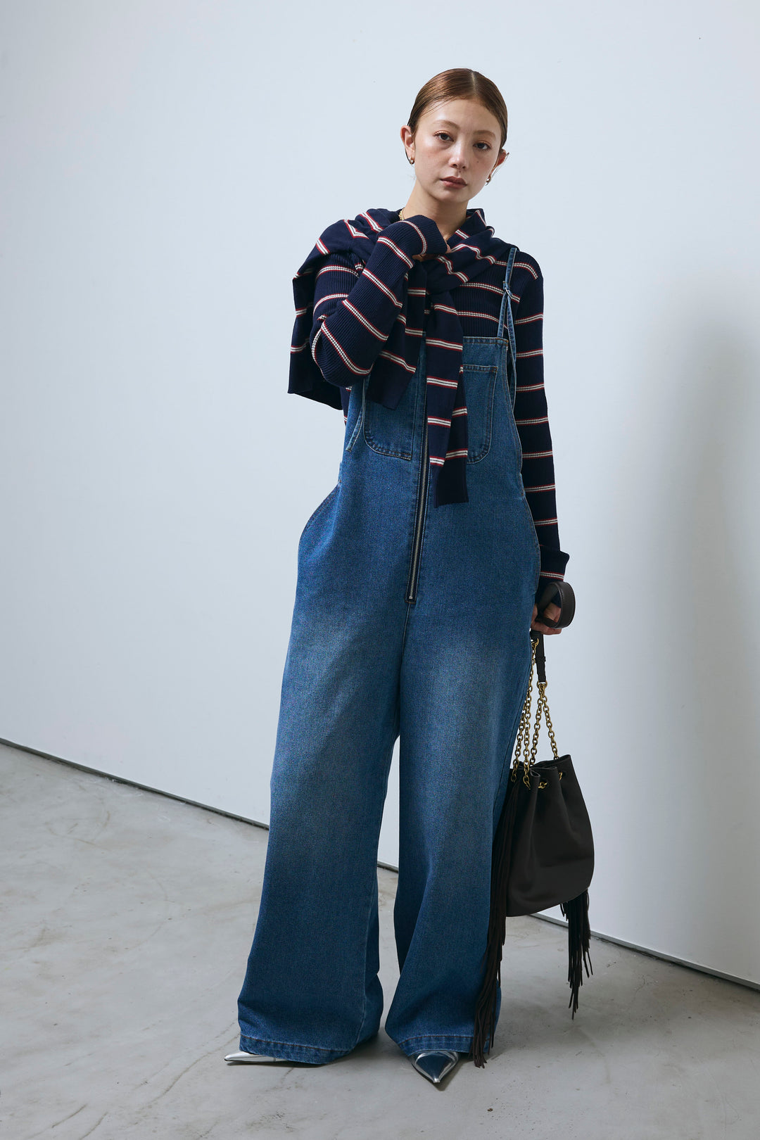 [予約/SET]ボーダーバックオープン2wayPO+ボーダーカーディガン+フロントジップストラップデザインデニムサロペット(3set)