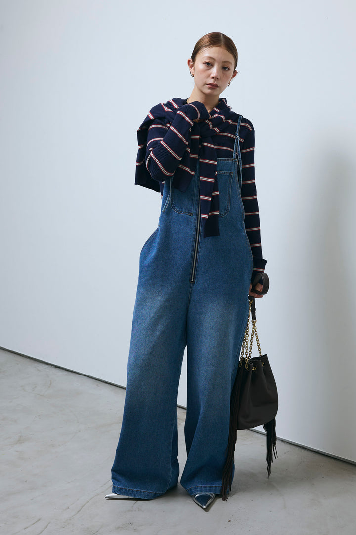 [予約/SET]ボーダーバックオープン2wayPO+ボーダーカーディガン+フロントジップストラップデザインデニムサロペット(3set)