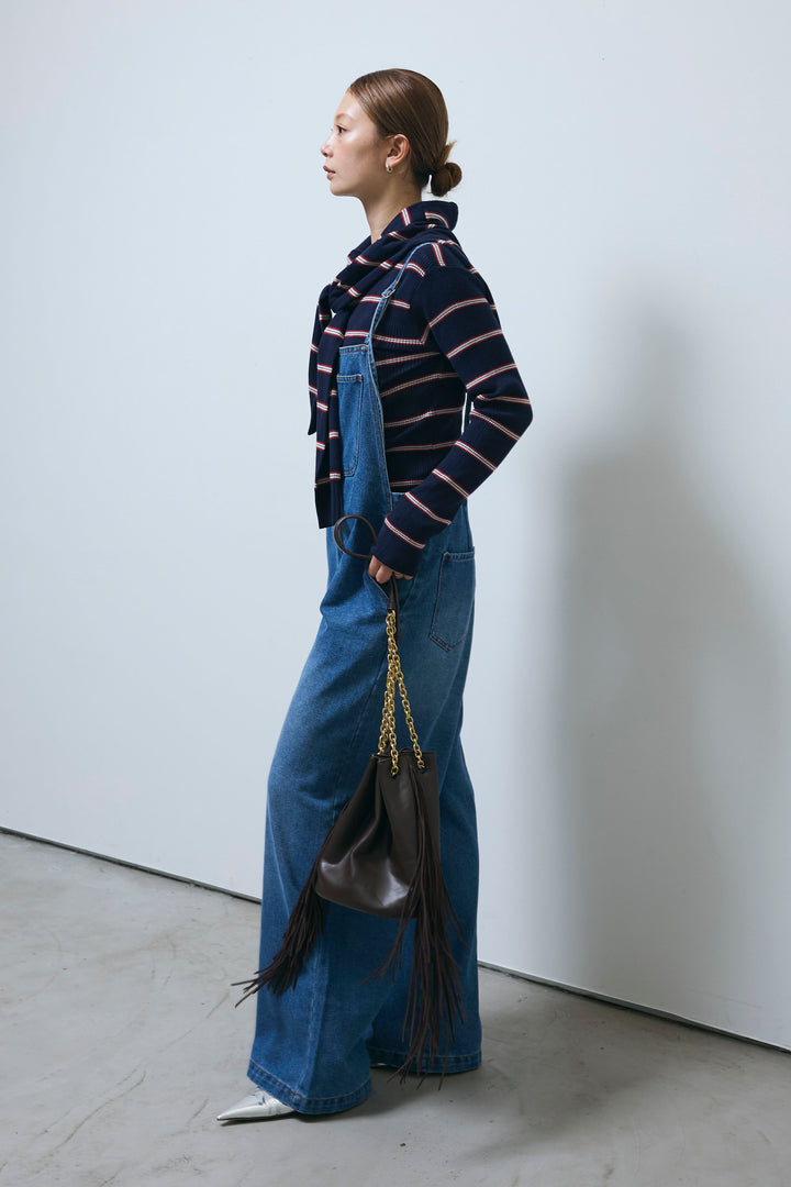 [予約/SET]ボーダーバックオープン2wayPO+ボーダーカーディガン+フロントジップストラップデザインデニムサロペット(3set)