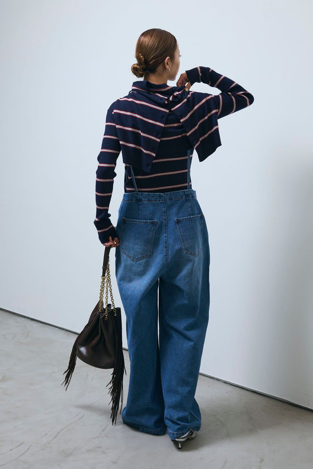 [予約/SET]ボーダーバックオープン2wayPO+ボーダーカーディガン+フロントジップストラップデザインデニムサロペット(3set)