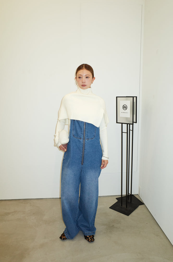 [予約/SET]ケープアンサンブルニット+フロントジップストラップデザインデニムサロペット(2set)