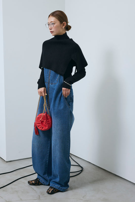 [予約/SET]ケープアンサンブルニット+ケープアンサンブルニット+フロントジップストラップデザインデニムサロペット(3set)