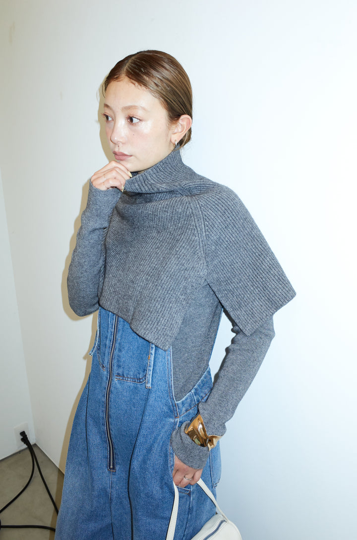 [予約/SET]ケープアンサンブルニット+フロントジップストラップデザインデニムサロペット(2set)