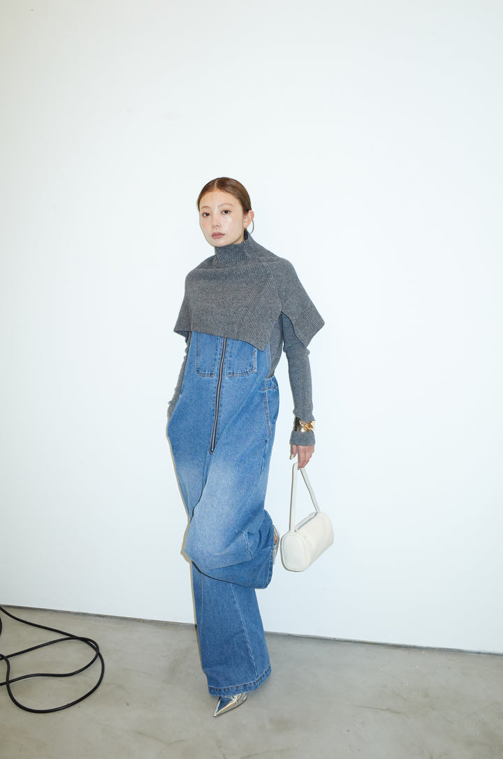 [予約/SET]ケープアンサンブルニット+フロントジップストラップデザインデニムサロペット(2set)