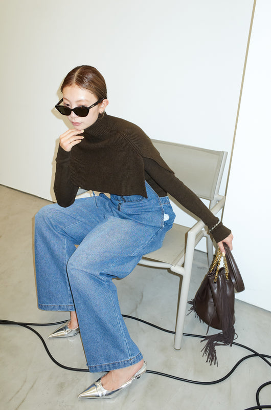 [予約/SET]ケープアンサンブルニット+ケープアンサンブルニット+フロントジップストラップデザインデニムサロペット(3set)