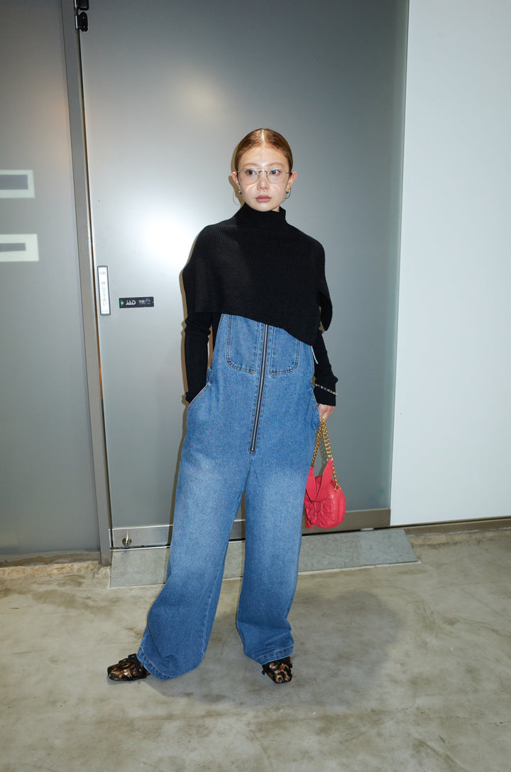 [予約/SET]ケープアンサンブルニット+フロントジップストラップデザインデニムサロペット(2set)