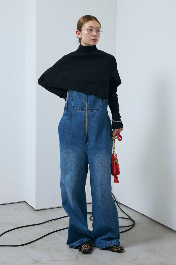 [予約/SET]ケープアンサンブルニット+フロントジップストラップデザインデニムサロペット(2set)