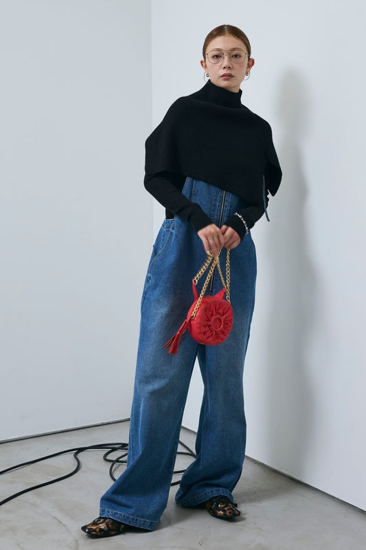 [予約/SET]ケープアンサンブルニット+ケープアンサンブルニット+フロントジップストラップデザインデニムサロペット(3set)