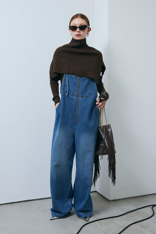 [予約/SET]ケープアンサンブルニット+ケープアンサンブルニット+フロントジップストラップデザインデニムサロペット(3set)