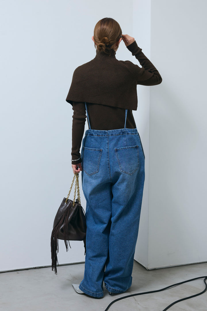 [予約/SET]ケープアンサンブルニット+フロントジップストラップデザインデニムサロペット(2set)