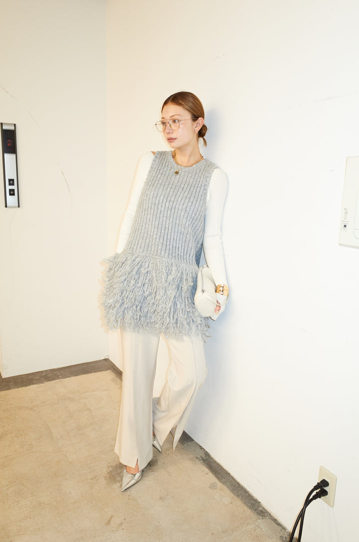 [予約/SET]フリンジ切り替えニットチュニック+オフショルリブニット+センタースリットパンツ(3set)