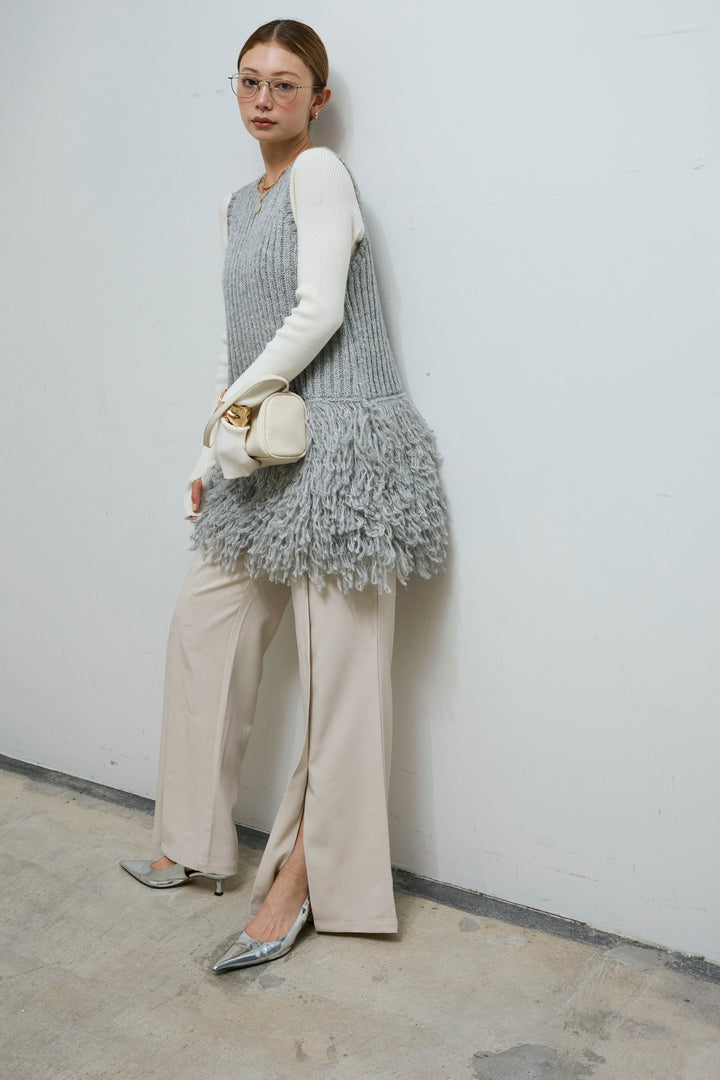 [予約/SET]フリンジ切り替えニットチュニック+オフショルリブニット+センタースリットパンツ(3set)