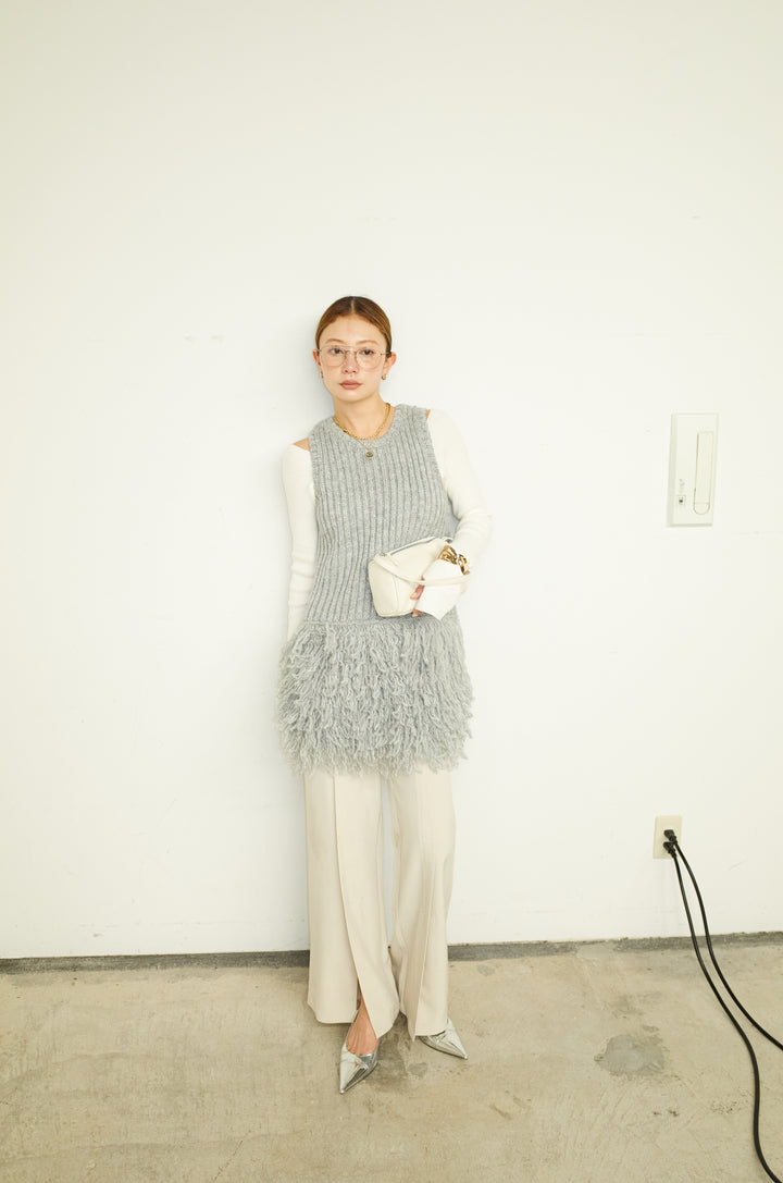 [予約/SET]フリンジ切り替えニットチュニック+オフショルリブニット+センタースリットパンツ(3set)