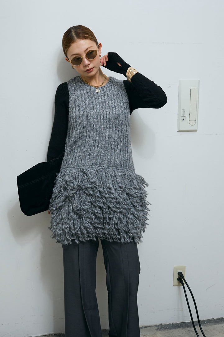 [予約/SET]フリンジ切り替えニットチュニック+センタースリットパンツ(2set)