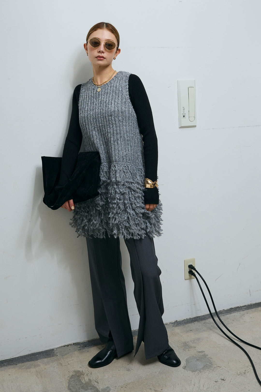 [予約/SET]フリンジ切り替えニットチュニック+センタースリットパンツ(2set)