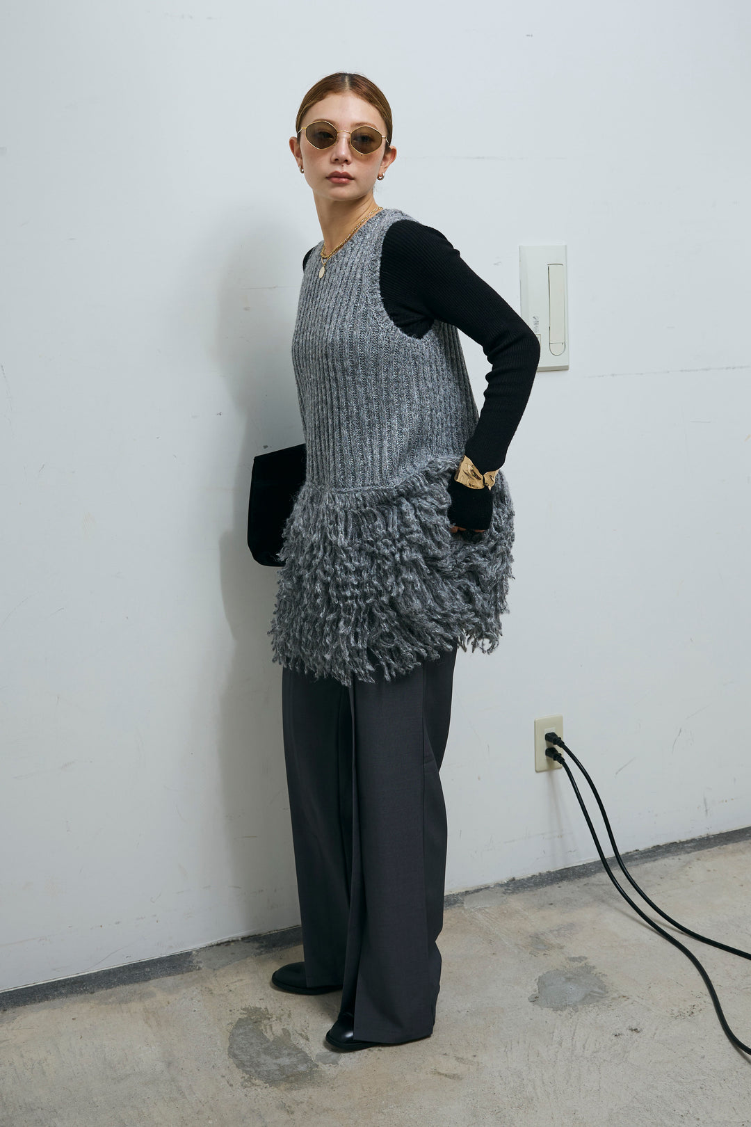 [予約/SET]フリンジ切り替えニットチュニック+センタースリットパンツ(2set)