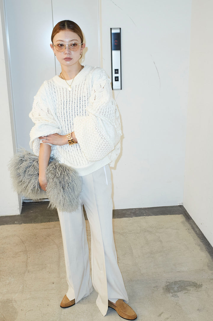 [予約/SET]メロー袖ボリューム配色ニット+センタースリットパンツ(2set)