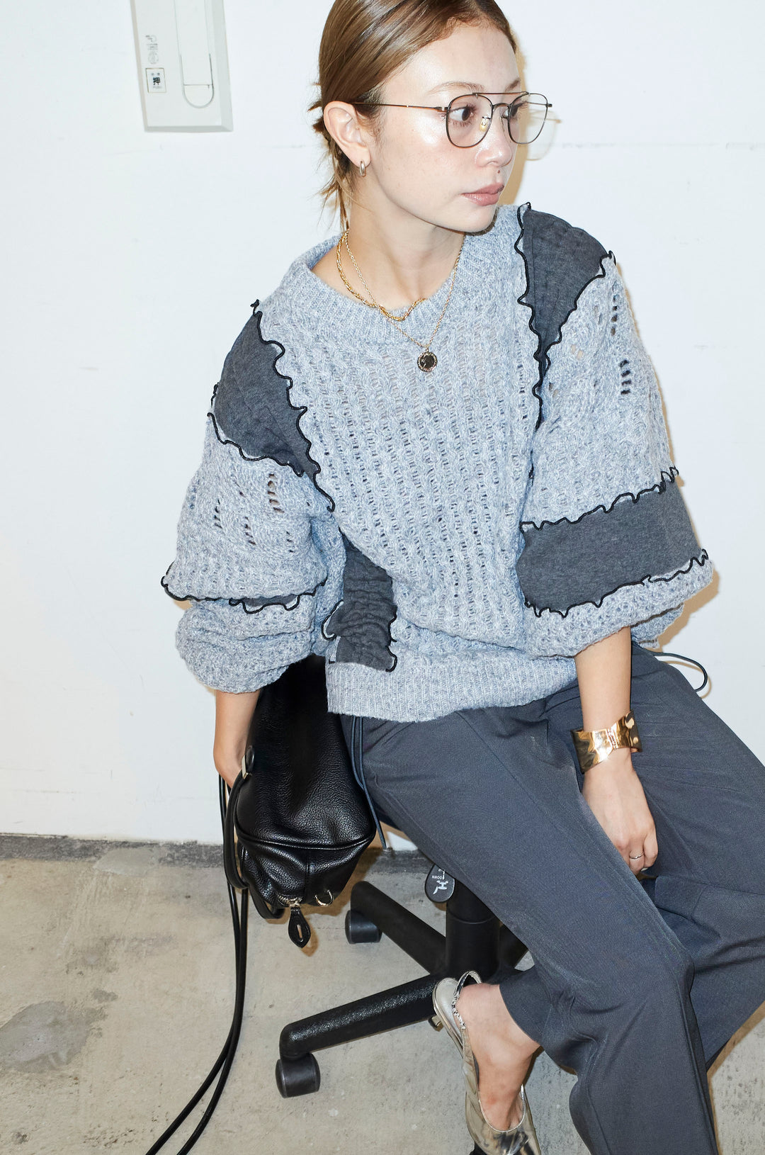 [予約/SET]メロー袖ボリューム配色ニット+センタースリットパンツ(2set)