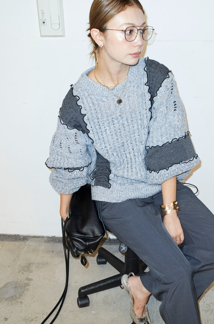 [予約/SET]メロー袖ボリューム配色ニット+センタースリットパンツ(2set)