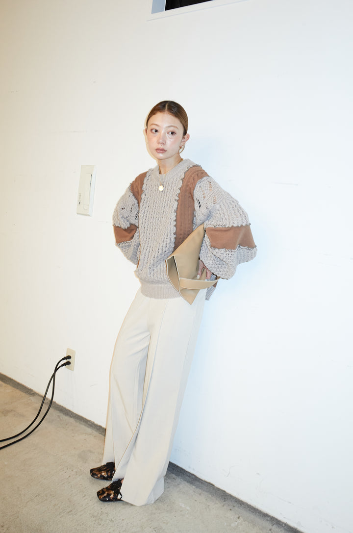 [予約/SET]メロー袖ボリューム配色ニット+センタースリットパンツ(2set)