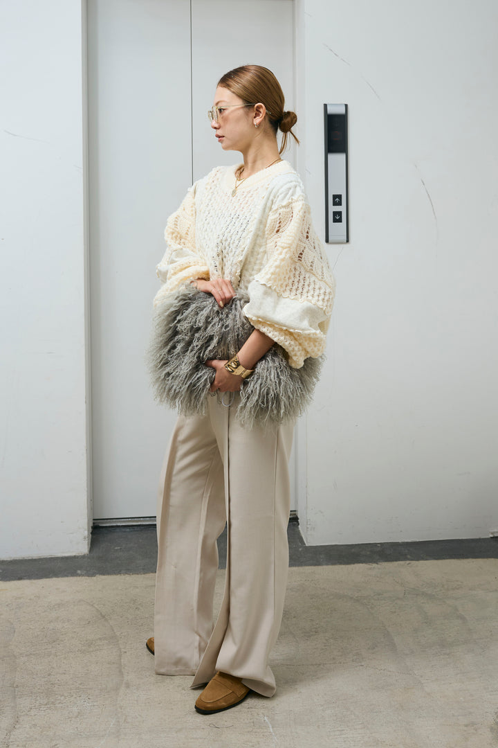 [予約/SET]メロー袖ボリューム配色ニット+センタースリットパンツ(2set)