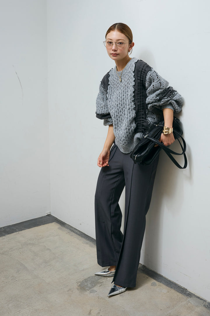 [予約/SET]メロー袖ボリューム配色ニット+センタースリットパンツ(2set)