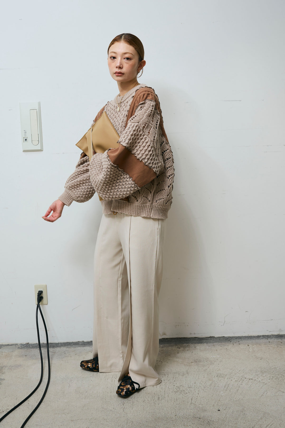 [予約/SET]メロー袖ボリューム配色ニット+センタースリットパンツ(2set)